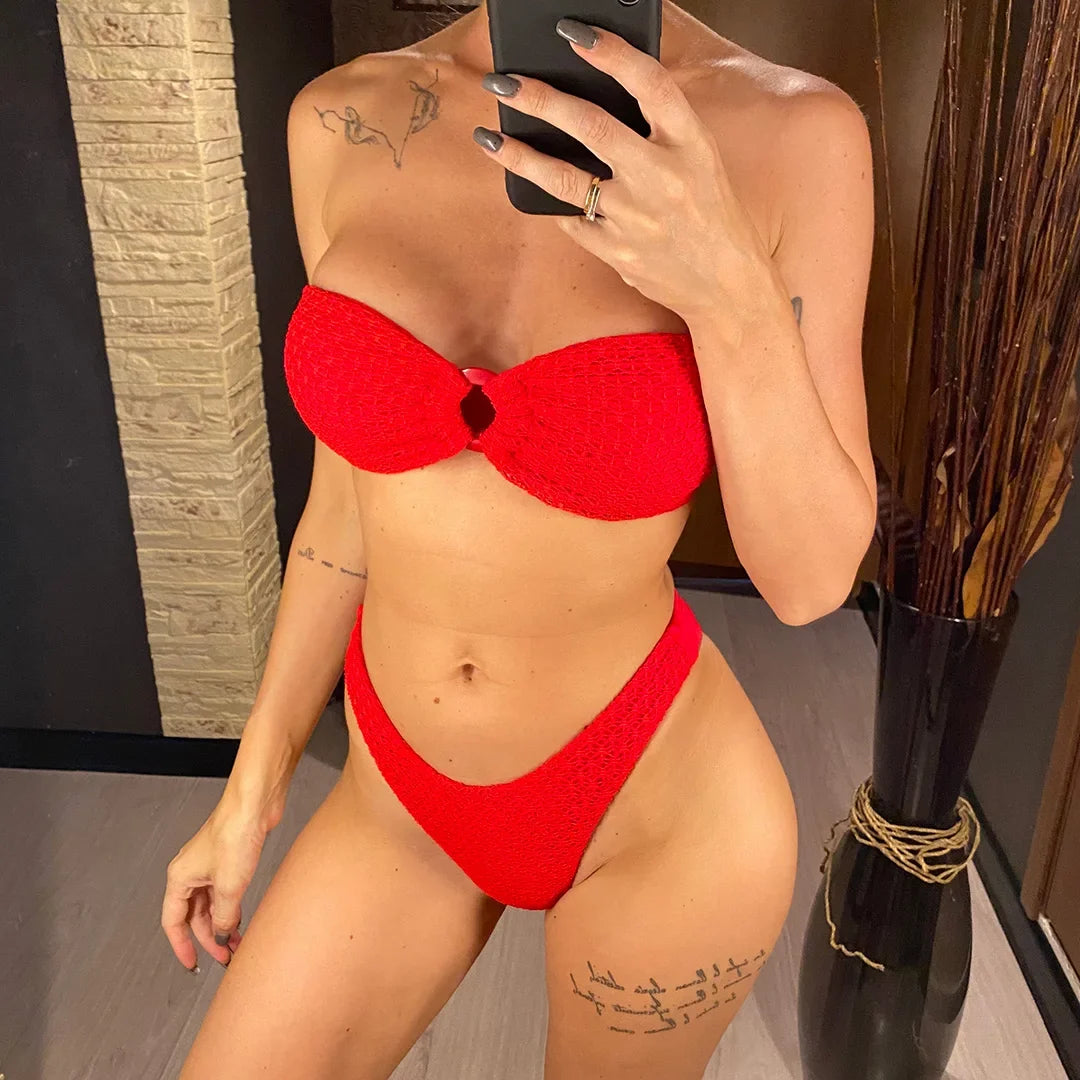 Sexy Wrinkled Bandeau Strapless Bikini Women Swimwear Female Swimsuit Two-Pieces Bikini Set Bather Bathing Suit Swim Lady V3367L