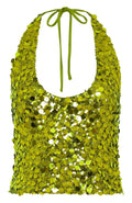 Sexy Solid Green Sequins Crop Tops Women 2026 Summer Halter Neck Lace-up Shiny Corset Vacation Camisole Top Night Club Outfit