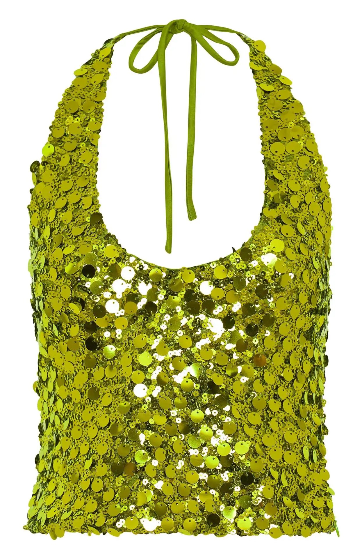 Sexy Solid Green Sequins Crop Tops Women 2026 Summer Halter Neck Lace-up Shiny Corset Vacation Camisole Top Night Club Outfit