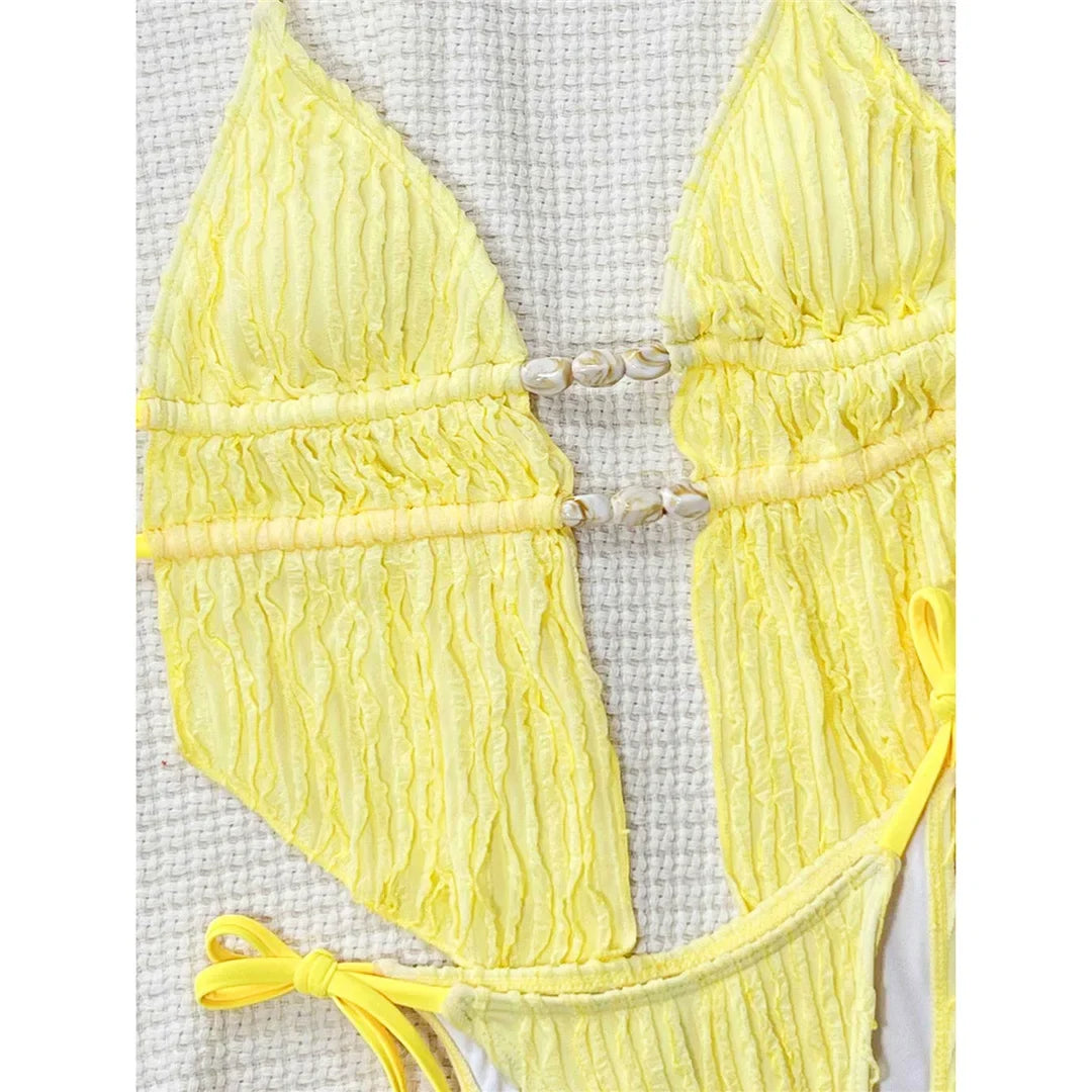 Wrinkled Tankini Halter Bikini Women Swimwear Female Swimsuit Two-Pieces Bikini Set High Cut Leg Bather Bathing Suit Swim V7154