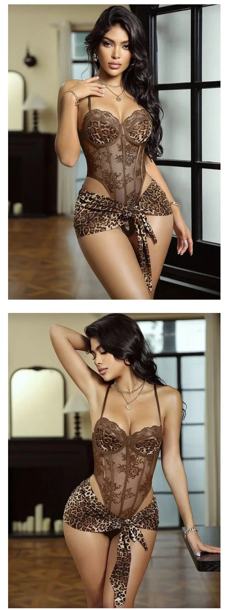 Leopard print sexy nightgown with underwire push-up jumpsuit and apron set | Free Pajamas w/ Purchase