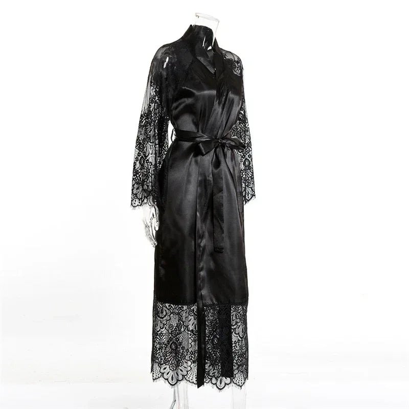 Sleepwear Women's Bathrobe Sexy Lingerie Lace Satin Kimono Sleep Long Dress Robes Pajamas Nightgown