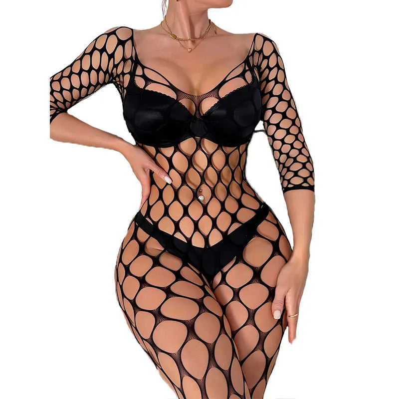 Cutout Perspective Long Sleeve Big Mesh Bodysuit, Women Black Sexy Underwear Bold Sexy Clothing Crotchless Unobstructed Jumpsuit