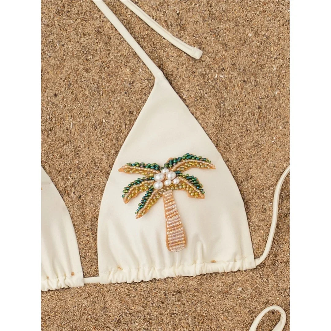 Coconut tree Printed Halter Bikini Female Swimsuit Women Swimwear Two-Pieces Bikini Set Padded Bather Bathing Suit Swim V7308