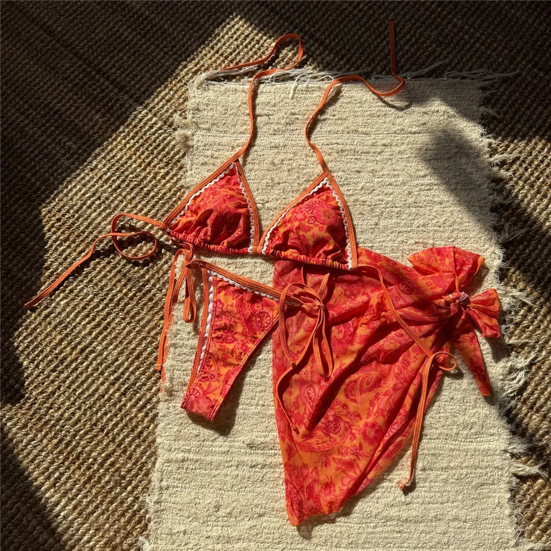 With Sarong Printed Halter Bikini Women Swimwear Female Swimsuit Three-pieces Bikini set Padded Bather Bathing Suit Swim V6966