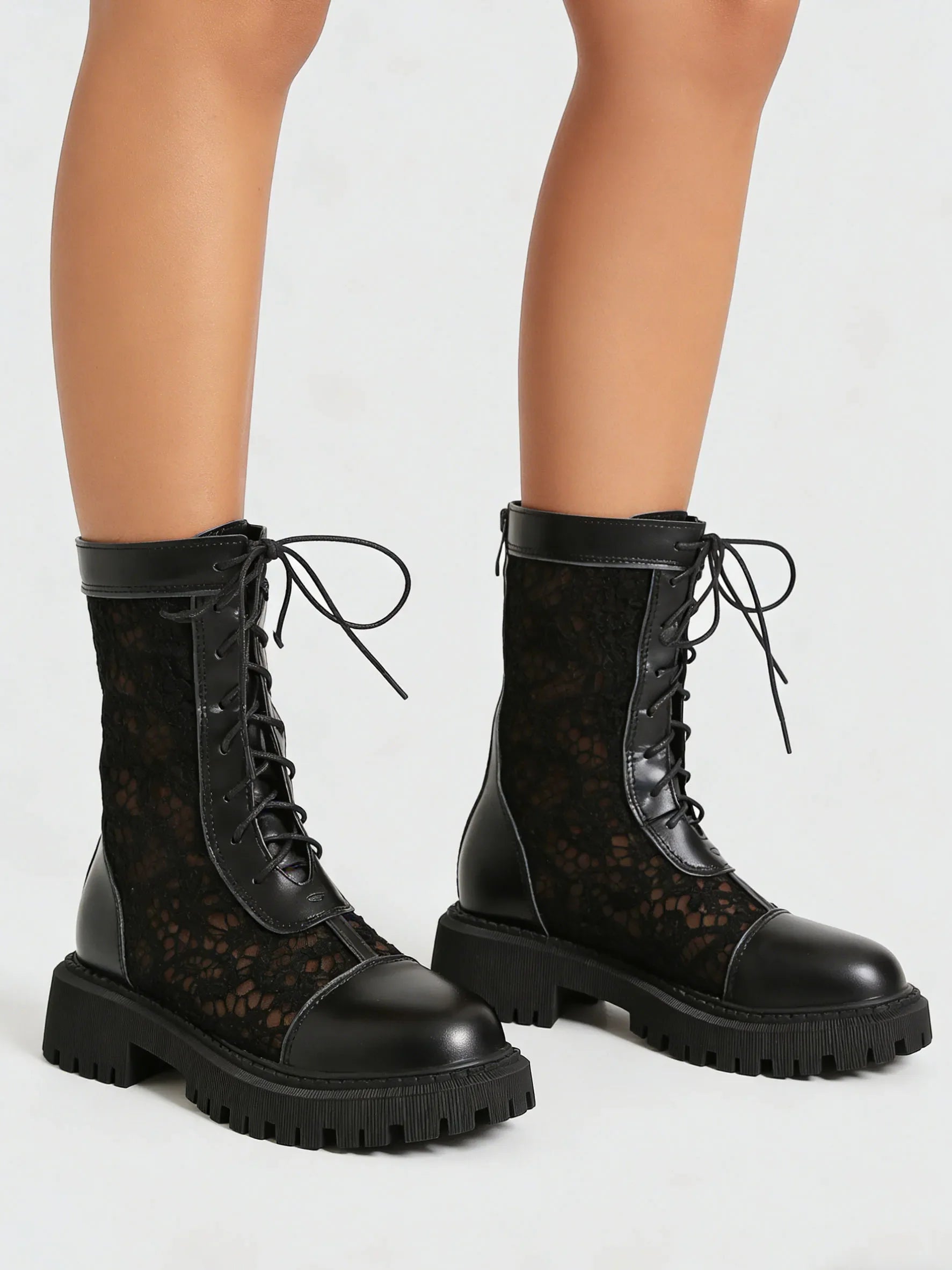 2026 New Big Size 45 Chic Black Lace Mesh Summer Boots Women Round Toe Square Heels Shoelace Zip-up Mid-calf Boots Shoes
