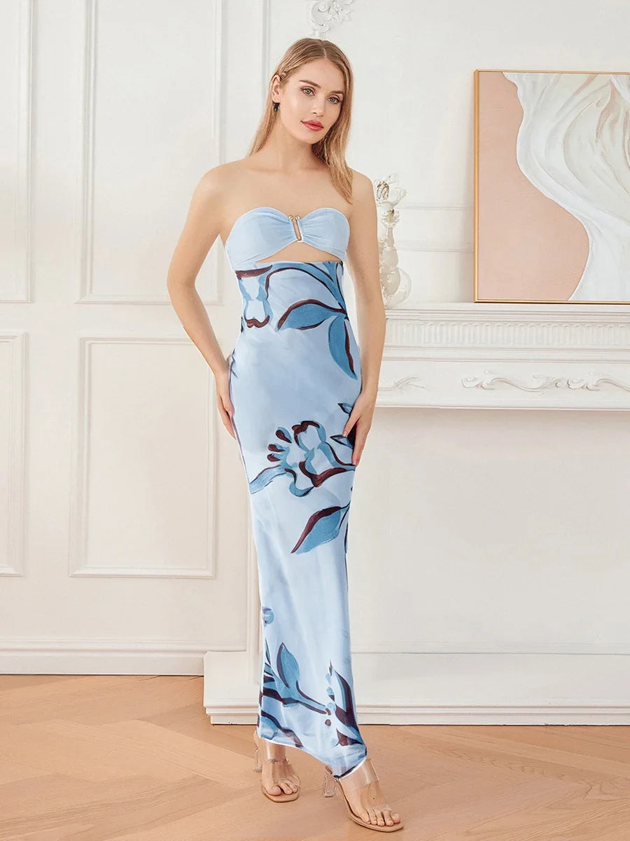 Women Floral Print Tie Backless Dress for Bohemian Party Evening Ring Cut Out Strapless Bodycon Long Dresses