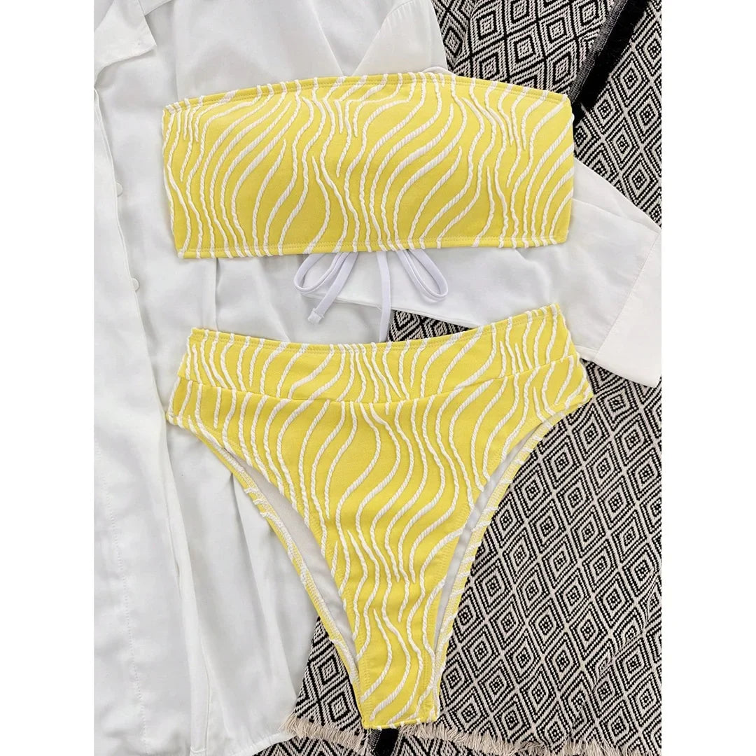 Sexy Wave Striped Bandeau High Waist Bikini Female Swimsuit Women Swimwear Two-Pieces Bikini Set Bather Bathing Suit Swim V5445