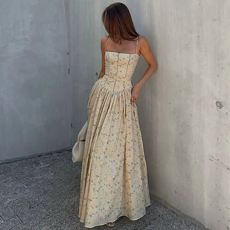 FDYOUI 2026 Summer Floral Print Spaghetti Strap Dress for Woman Elegant Sleeveless High Waist Long Party Evening Dresses Pink