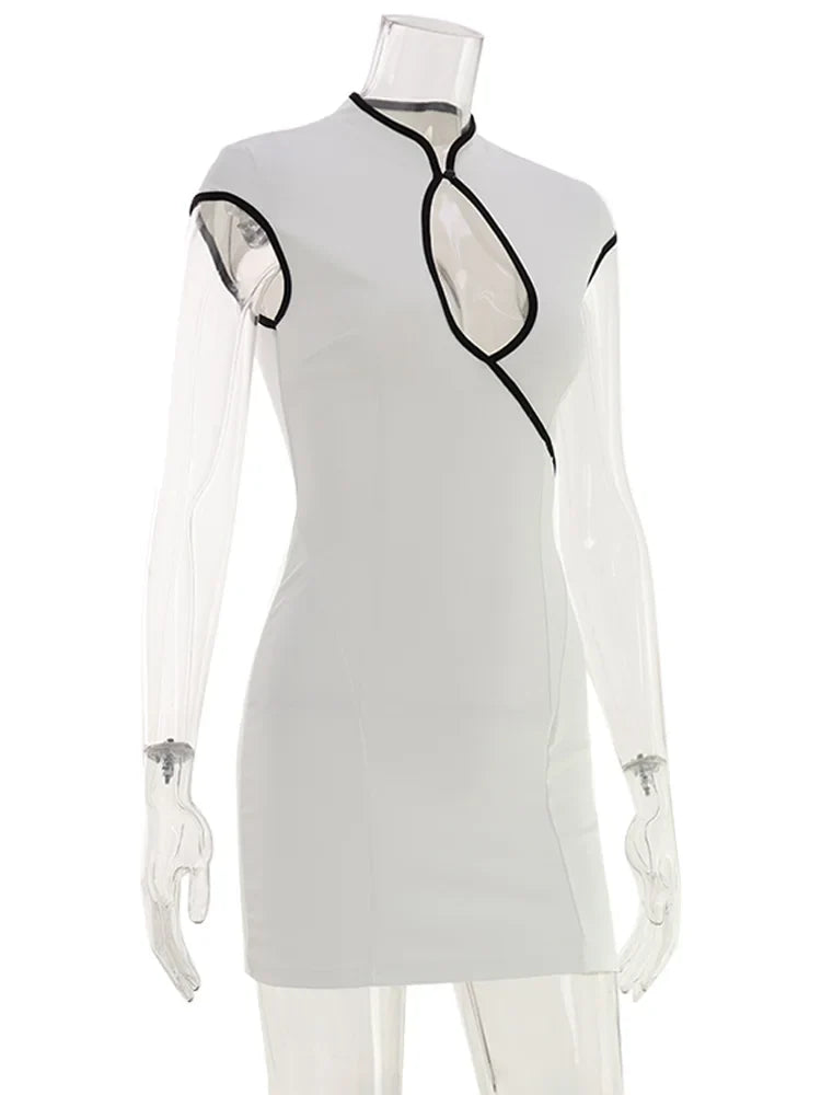 Ahagaga Dresses for Women Sexy Patchwork Hollow Out Cap Sleeve O Neck Sheath Bodycon Slim Casual Club Party Outfits Vestidos