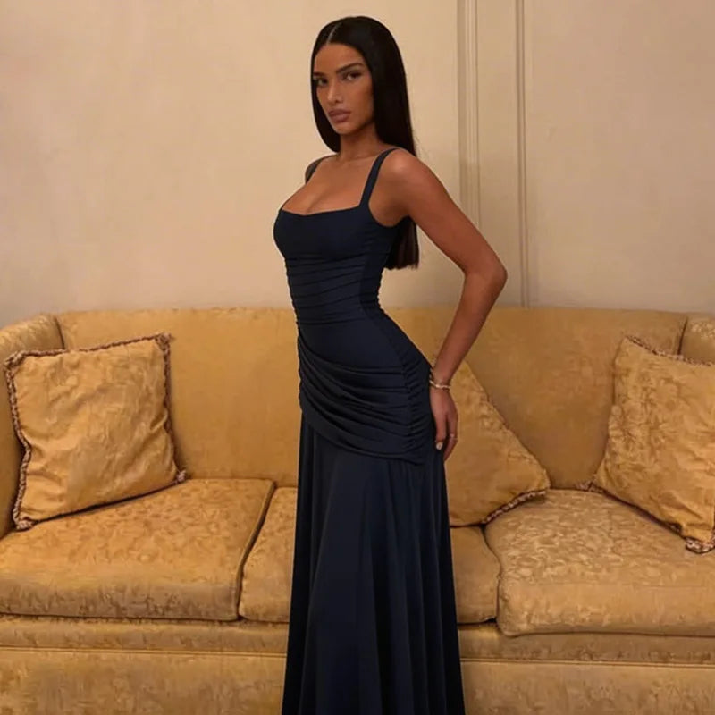 FDYOUI New Fashion Sleeveless Bandage Long Evening Dresses for Women 2026 Spaghetti Strap Lace-up Tunics Folds Party Prom Dress