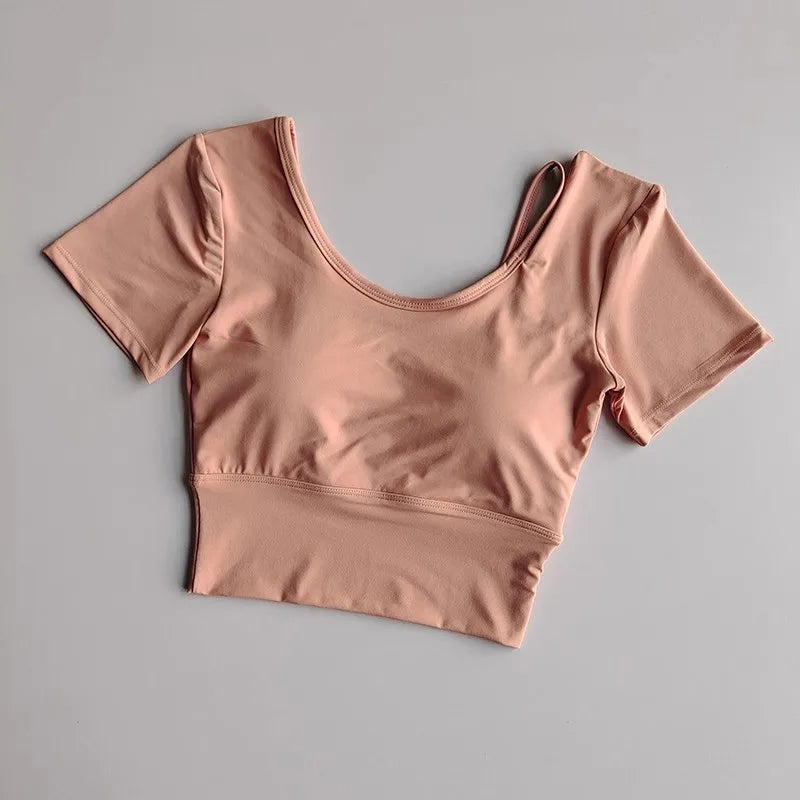 Women's Quick-Dry Yoga Sports Top with Chest Cushion Sexy Short-Sleeved Fitness T-Shirt Tight-Fitting Navel Revealing Yoga Suit
