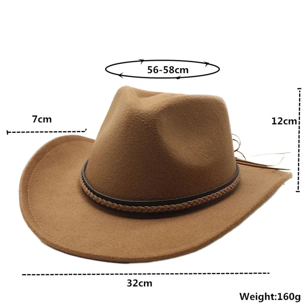 Women Men Retro Felt Jazz Hats Classic Cowboy Hats Wide Brim Cowgirl Sun Hats with Decorative Band