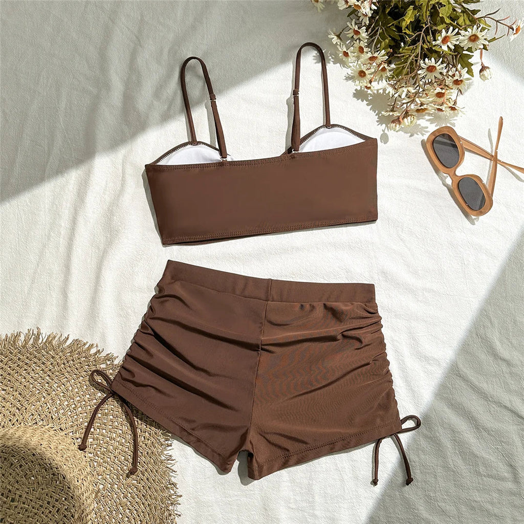 Wrinkled Knotted Shorts High Waist Bikini Female Swimsuit Women Swimwear Two-Pieces Bikini Set Bather Bathing Suit Swim V6197