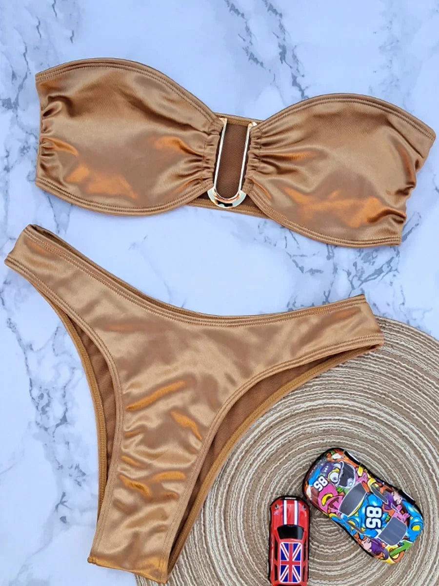 Bandeau Bikinis 2025 Strapless Satin Bikini Female Swimsuit Women Swimwear Two-pieces Bikini Set High Cut Bathing Suit Swim Lady