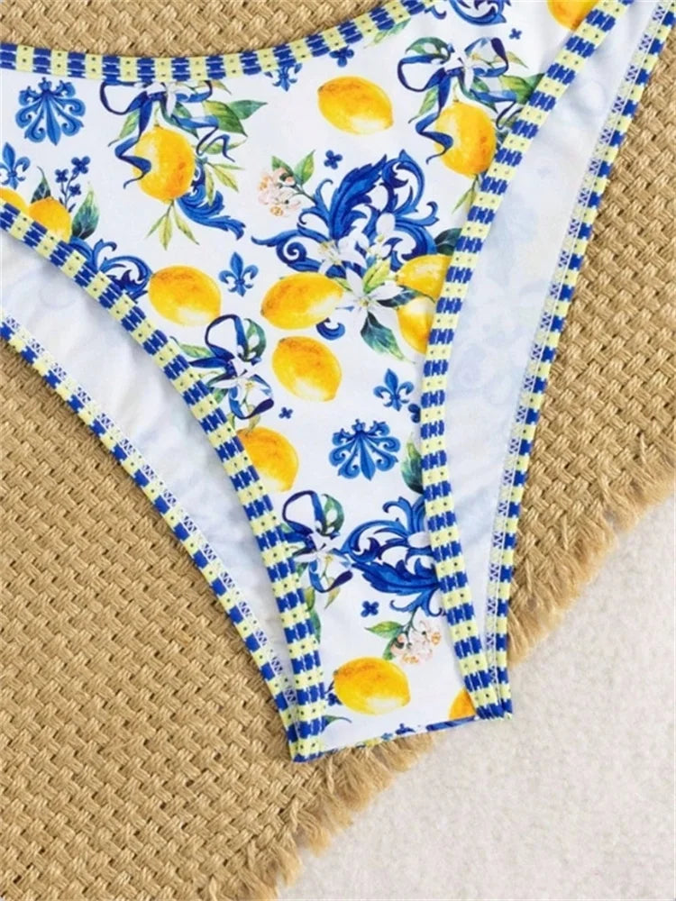 Sexy Blue Fruit Print Bikini Set 2026 Women Halter Push Up Bra High Waist Swimsuit Beach Bathing Suit Holiday Swimwear Biquini