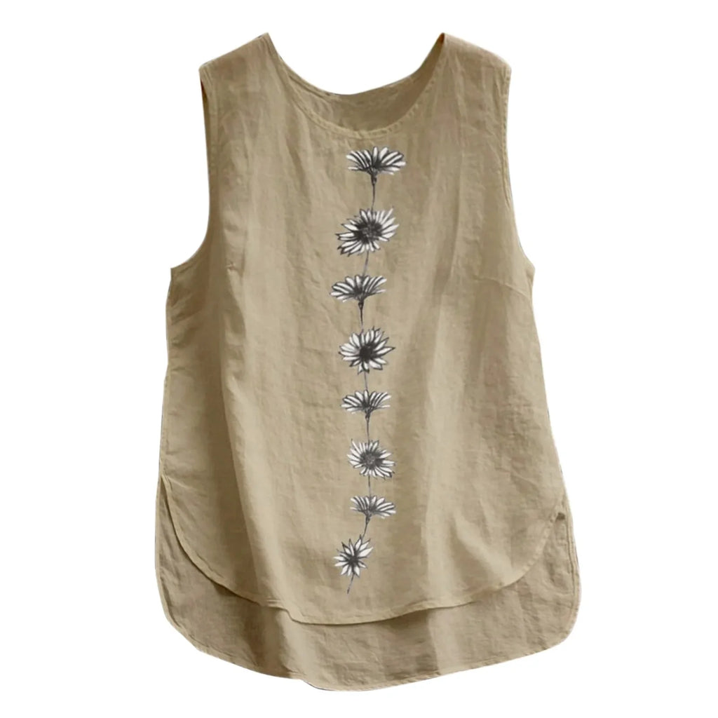 Women Vintage Cotton Linen Tanks Tops Round Neck Floral Print Shirt Summer Sleeveless Blouse Elegant Female Casual Loose Tops
