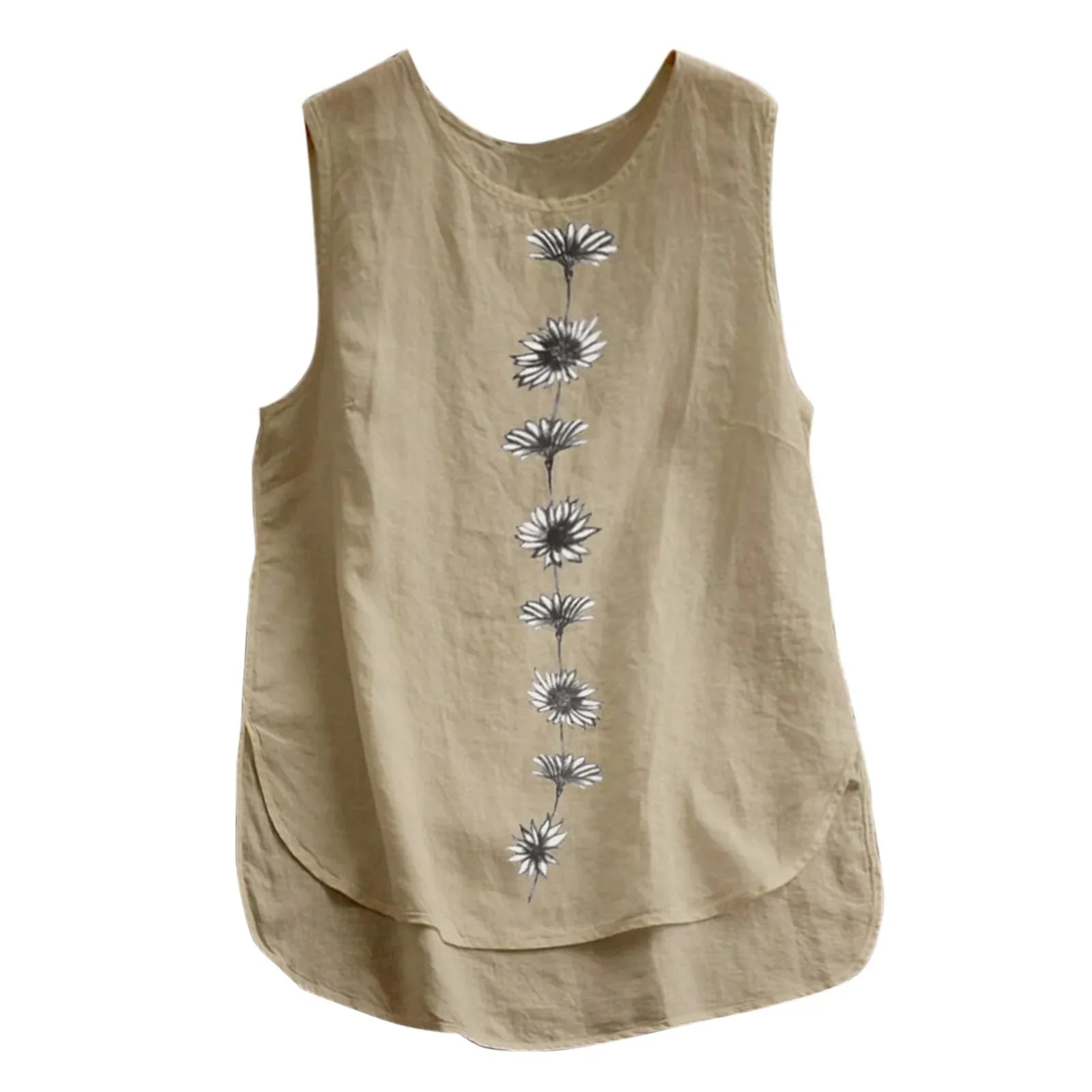 Women Vintage Cotton Linen Tanks Tops Round Neck Floral Print Shirt Summer Sleeveless Blouse Elegant Female Casual Loose Tops