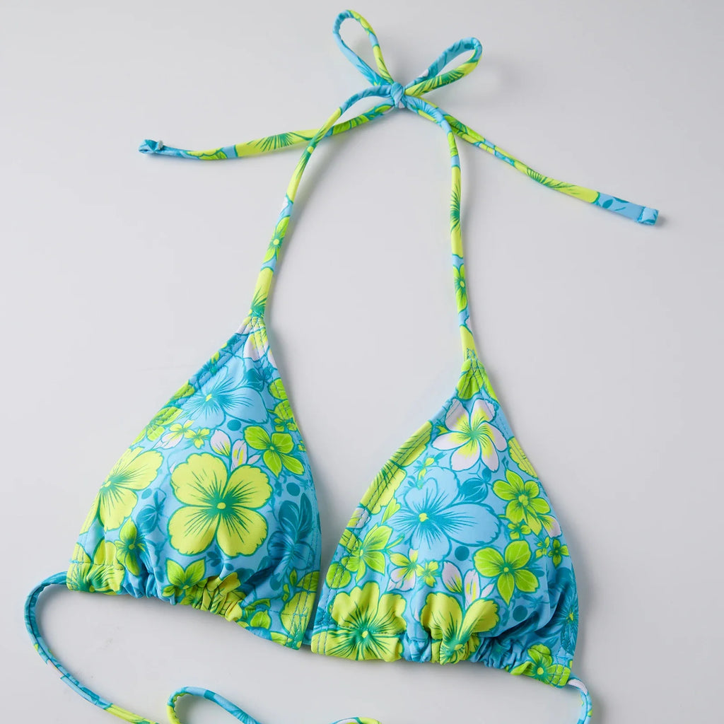 Women’s Two Piece Bikini Set Rose Hibiscus Floral Print Halter Tops with Fold Over Waist Shorts Summer Beach Wear