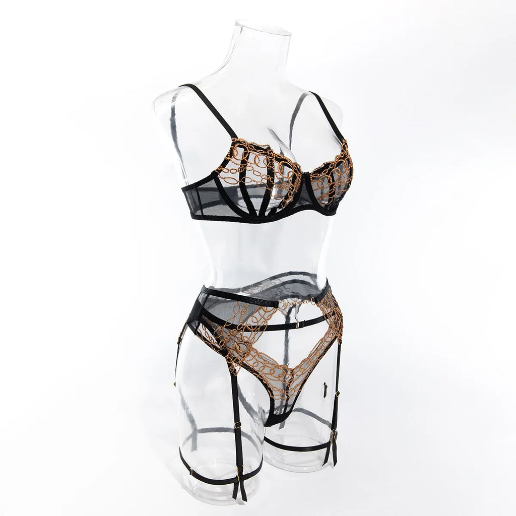 Toucheart4PCS Lace Golden Embroidery Sexy Underwear Set Slim Exposed Navel See-through Hollow Out Interesting Steelring Bralette
