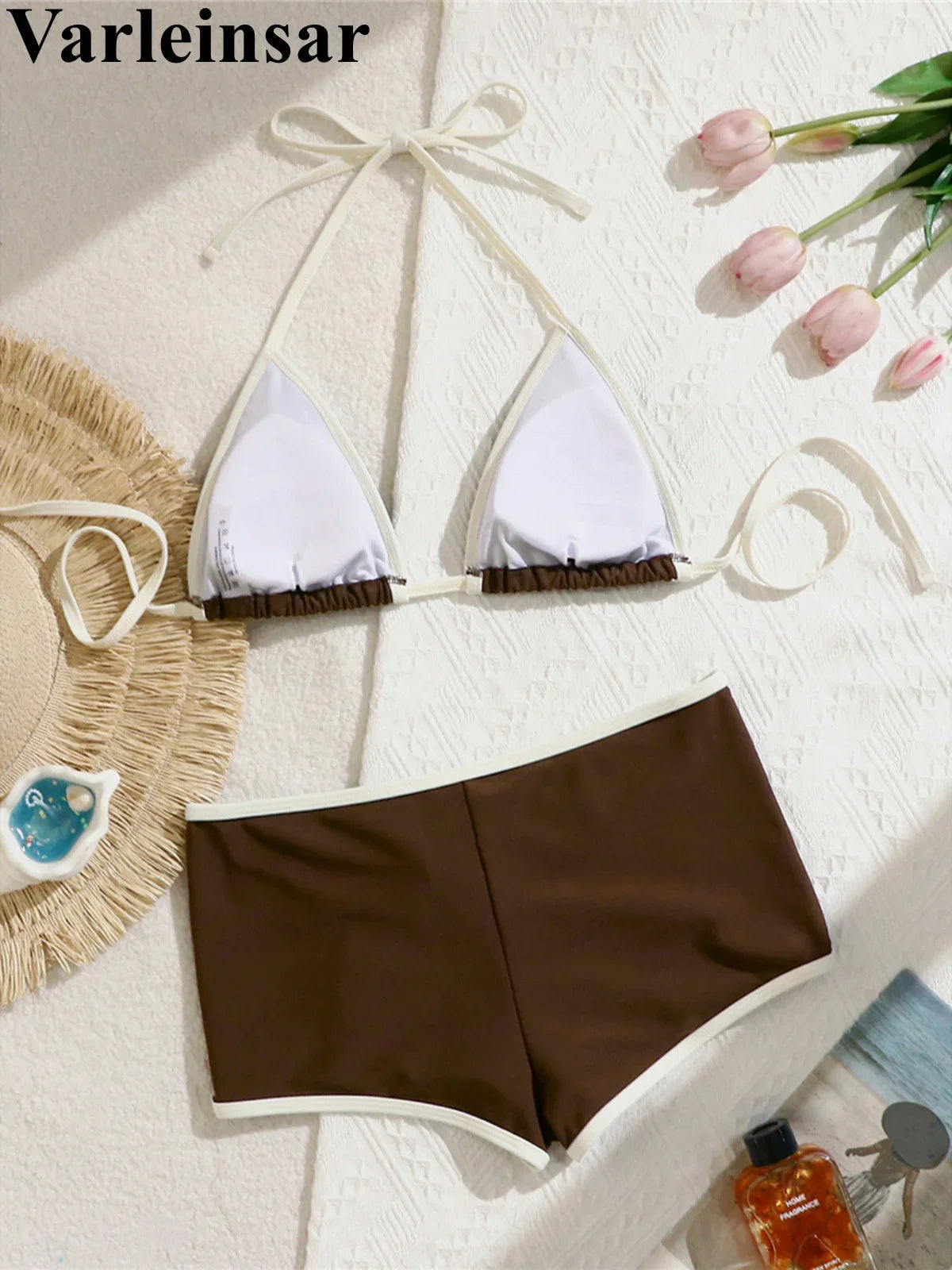 Sexy Splicing Halter Shorts Bikini Female Swimsuit Women Swimwear Two-Pieces Bikini Set Padded Bather Bathing Suit Swim V8132