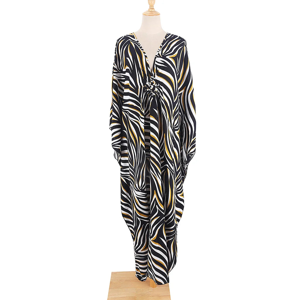 Sexy Zebra Printed V Neck Tunic Beach Cover Up Cover-ups Beach Dress Beach Wear Beachwear Beach Long Dress Female Women V4159