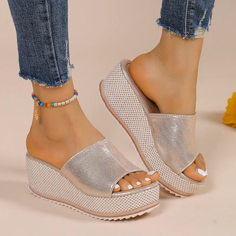2025 Summer Chunky Platform Slippers for Women Pu Leather Wedges High Heel Sandals Woman Plus Size 36-43 Beach Sandles Female