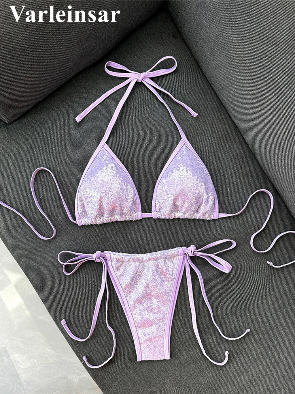 Sequins Halter Bikini Female Swimsuit Women Swimwear Two-Pieces Bikini Set High Cut Leg Padded Bather Bathing Suit Swim V8302