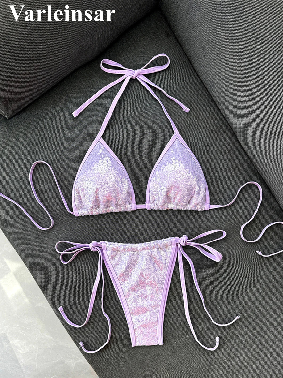 Sequins Halter Bikini Female Swimsuit Women Swimwear Two-Pieces Bikini Set High Cut Leg Padded Bather Bathing Suit Swim V8302