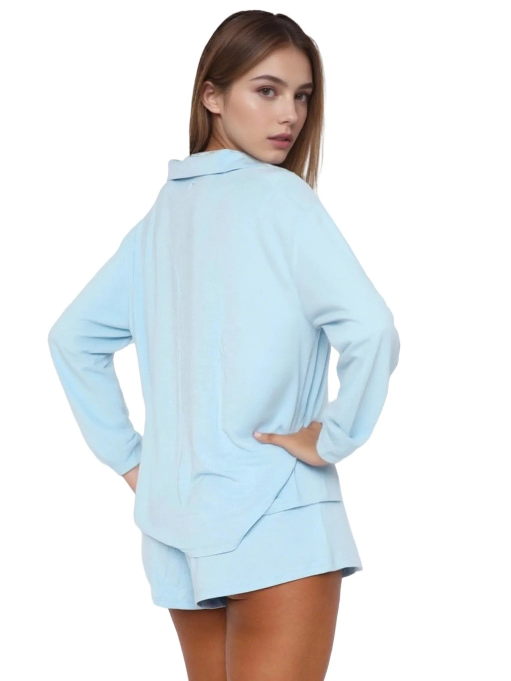 Women Fall 2 Piece Pajamas Set Solid Color Button up Long Sleeves Shirt and Elastic Shorts for Loungewear Soft Sleepwear