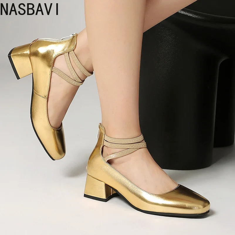 Metallic Silver Gold Women Mary Jane Pumps Square Toe Block Heel Crisscross Ankle Strap Back Zipper Elegant Party Dress Heels