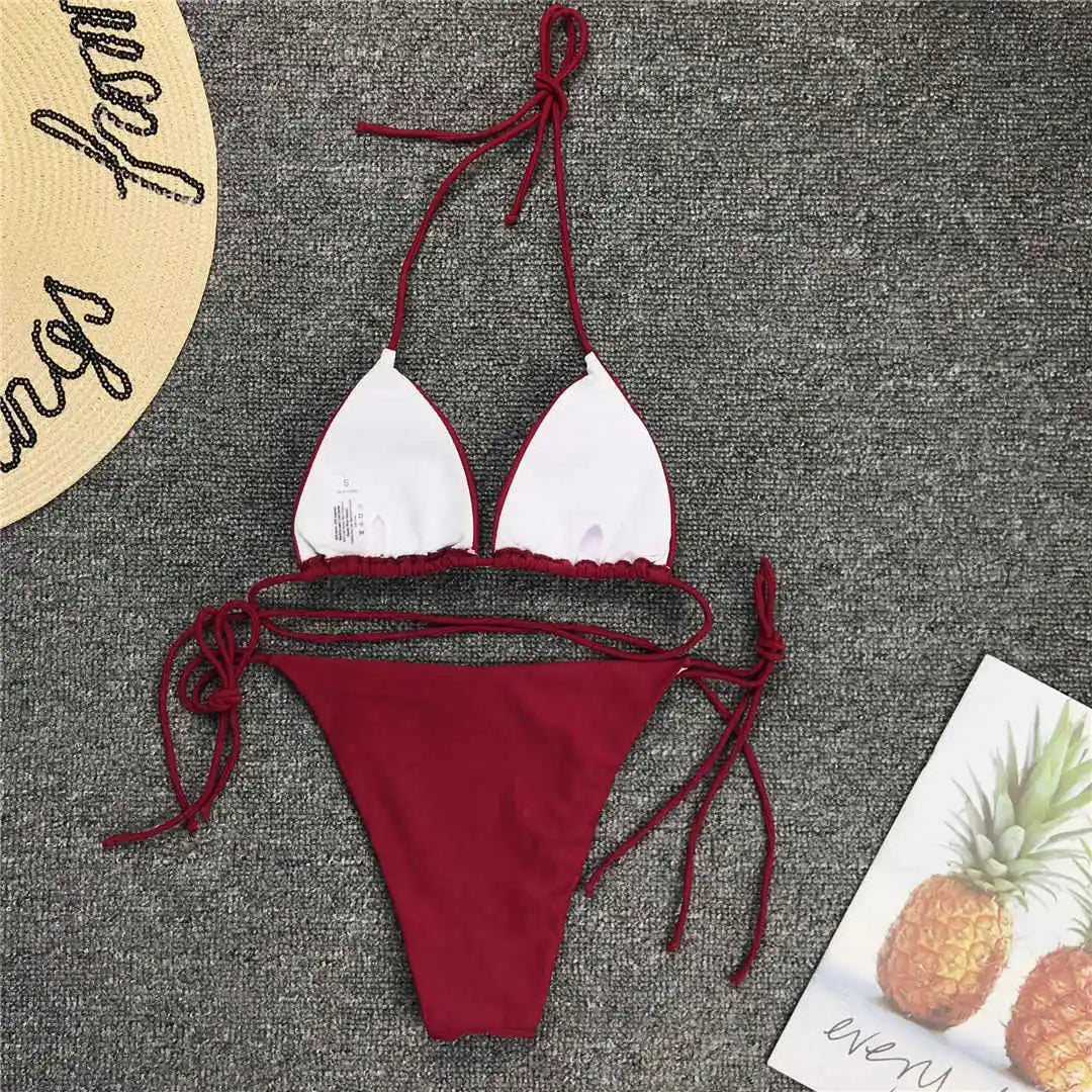 New Sexy Neon Pink Brazilian Bikini Women Swimwear Halter Swimsuit Female Two-Pieces Bikini Set Bather Bathing Suit Swim V1312