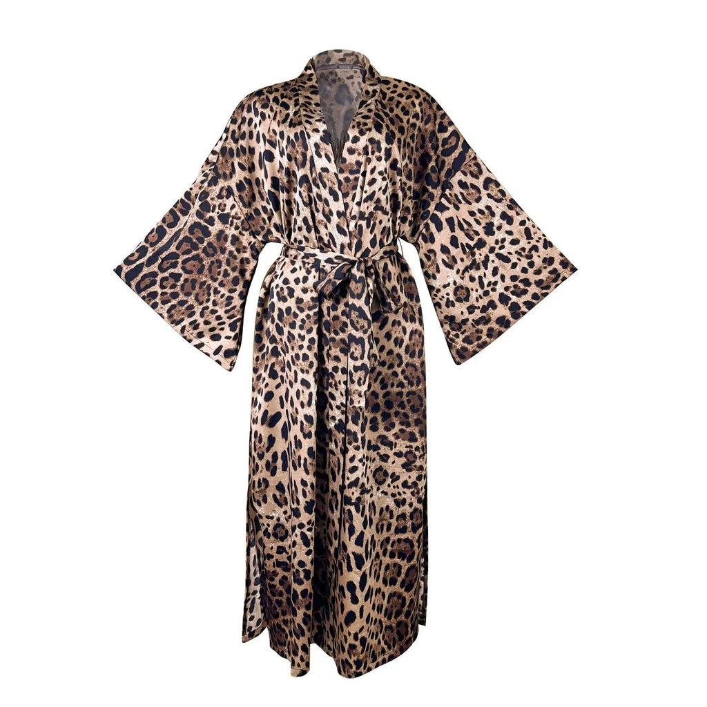 Sexy Leopard Print Satin Long Robe Women Flare Sleeve Tie Waist High Slit Loungewear Outerwear