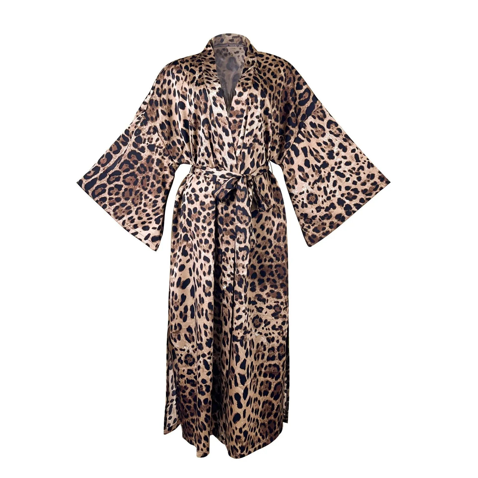 Sexy Leopard Print Satin Long Robe Women Flare Sleeve Tie Waist High Slit Loungewear Outerwear