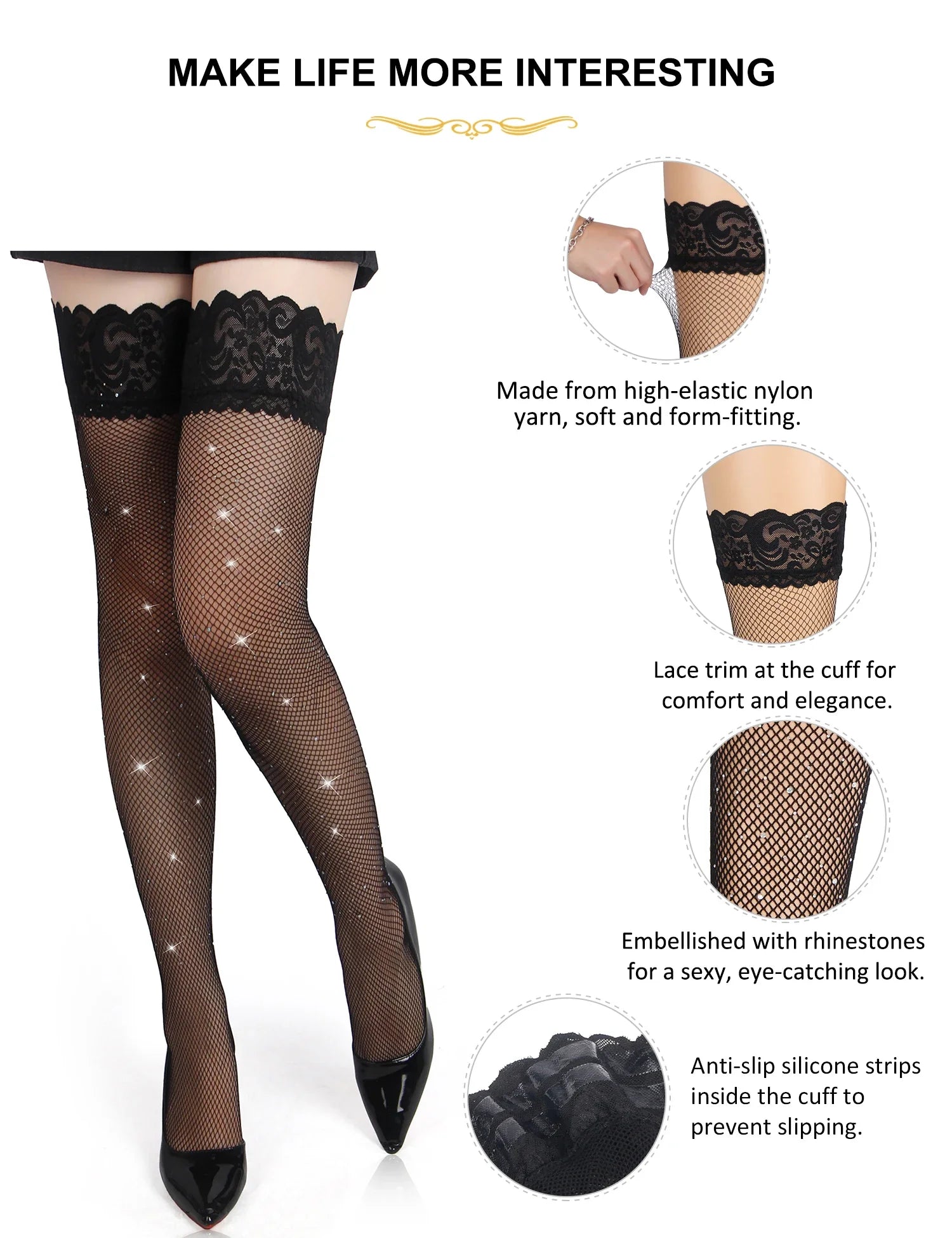 5XL White Stockings for Women Sexy Lace Shiny Rhinestone Small Fishnet Double Anti-Slip Silicone Tights Hot Thigh High Stockings