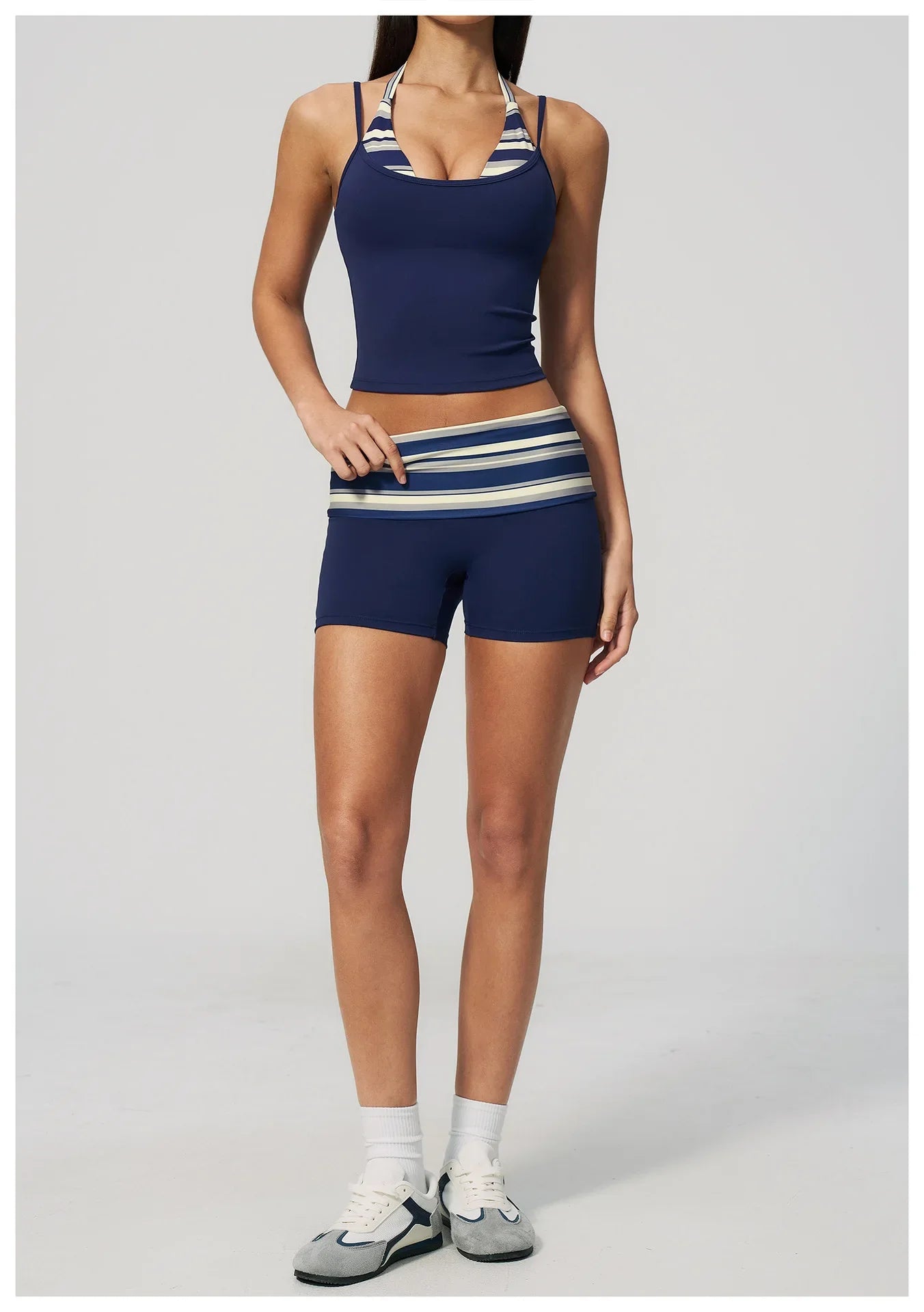 Quick Drying Polka Dot Patchwork Yoga Sets Women Hanging Neck Slim Shockproof Sports Tank Top Gym High Waist Shorts Fitnss Suit