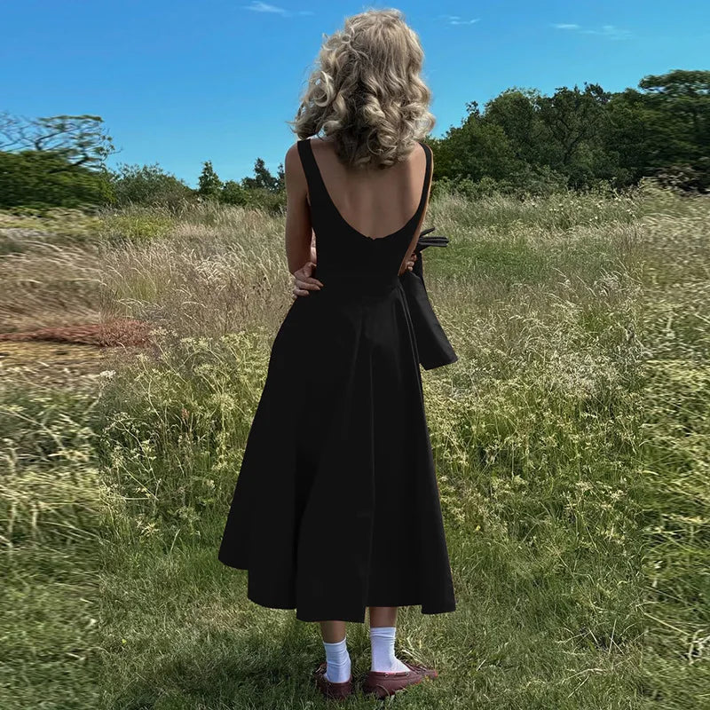 Chic Elegant O-neck Sleeveless Backless A-line Long Dresses Red Black 2026 Summer High Waist Tunics Zip-up Party Evening Dress