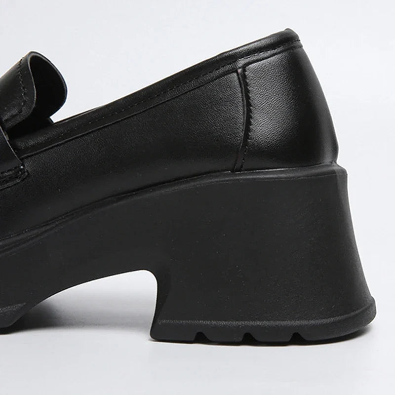 Brown Pu Leather Platform Loafers for Women British Style Round Toe Thick Heel Pumps Woman Slip On High Heels Office Shoes Lady
