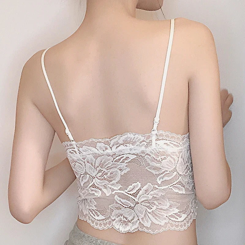 French Backless Bralette Sheer Lace Wireless Halter Top No Underwire Anti Nipple Show Comfort Bra & Tushy Set CA MOYISU Sexy Bra