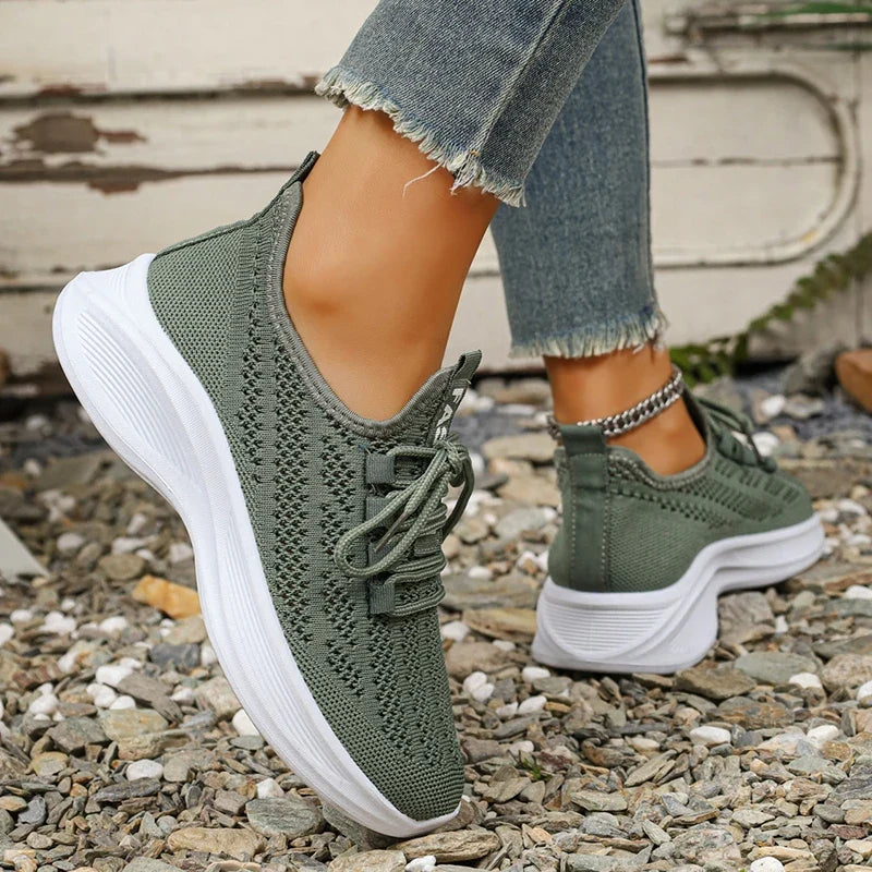 Spring Summer Breathable Mesh Sport Shoes Women Slip On Hollow Out Knitted Flats Shoes Woman Plus Size 43 Thick Sole Sneakers