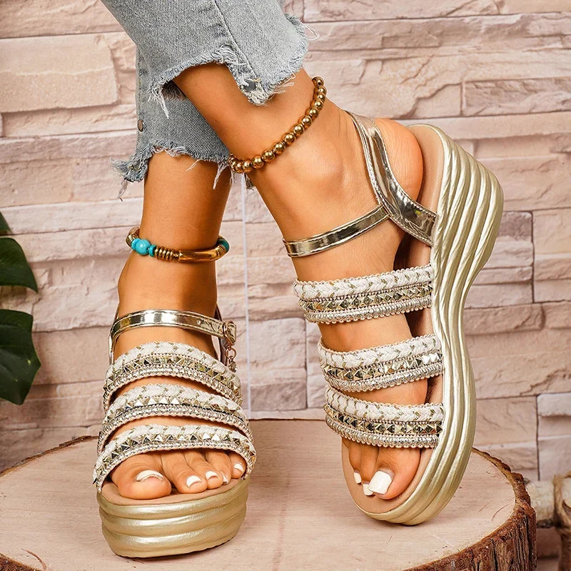 Golden Platform Gladiator Sandals for Women Summer Plus Size Height Increasing Sandals Woman Ankle Buckle Thick Sole Sandles 43