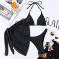 Sexy Black Shiny Swimwear Sarong String Halter Triangle Bikinis Sets 3 Pieces Rhinestone Swimsuit Women 2026 Bather Beachwear