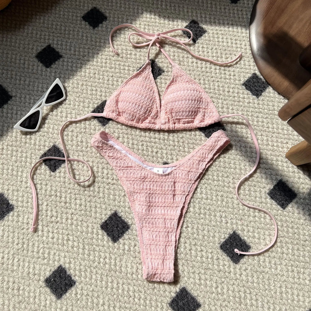 Sexy Knitted Hollow Handmade Crochet Bikini Set Women Pink Bandage Criss Cross Micro Swimsuit Bathng Suit Thong Swimwear