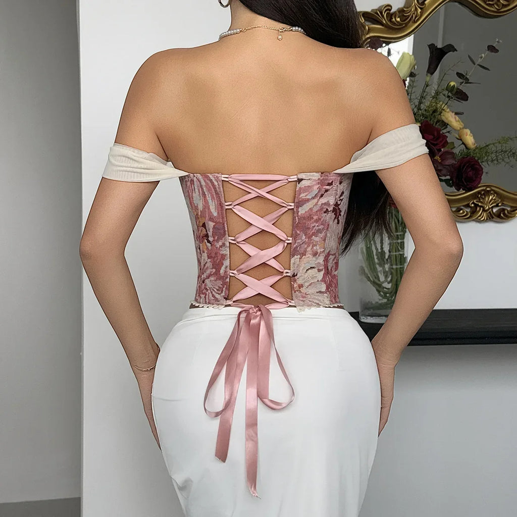 Retro Red Floral Print Corset Tank Top Sexy Back Criss Cross Bandage Bustier Lace Trim Night Club Party Slim Fishbone Camisole