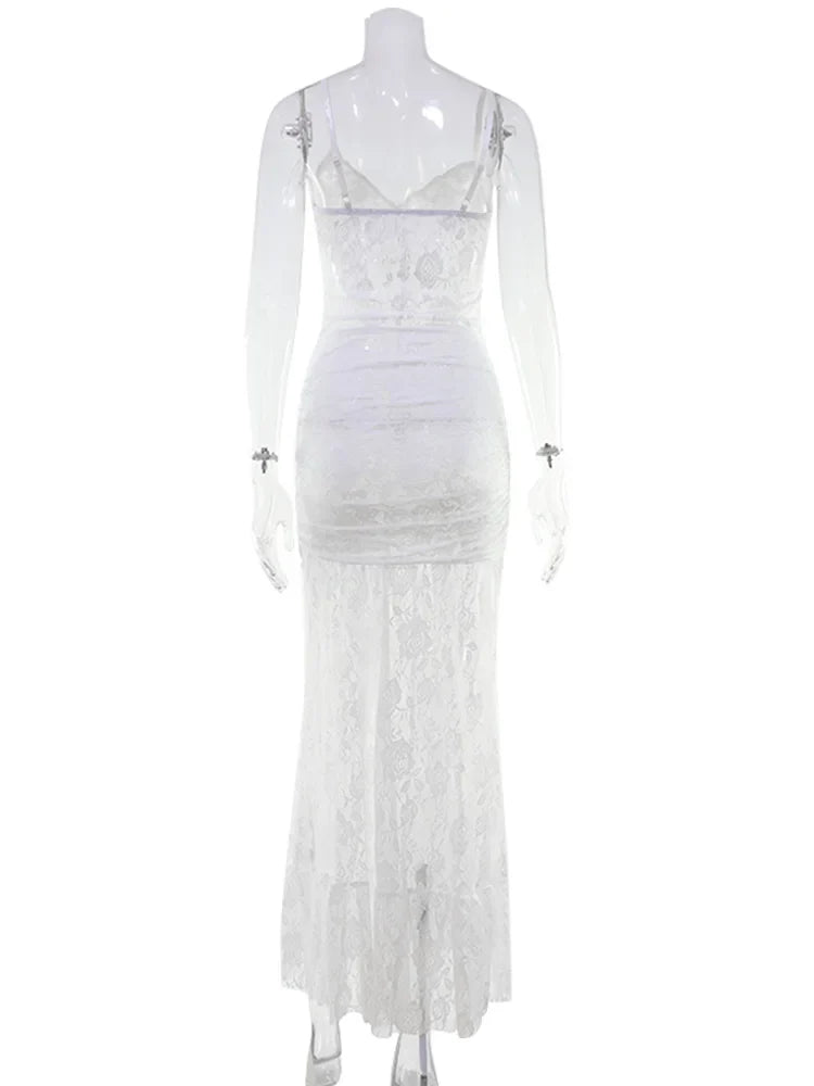 Ahagaga Elegant Lace Women Maxi Dresses Strapless Sheer Sexy Folds Solid Asymmetrical V-Neck Vestidos Robe Sheath Slim Fit Party
