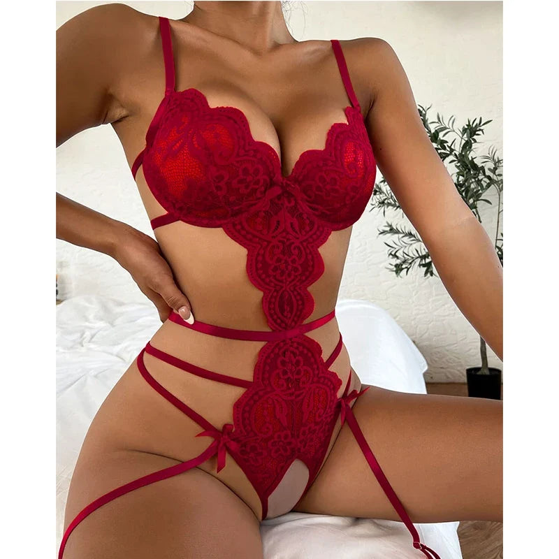 Best Seller New Model Adult Semi Transparent Lace No Crotch Underwear Suspender Women's Sexy Bra Lingerie Straps Party Jumpsuit
