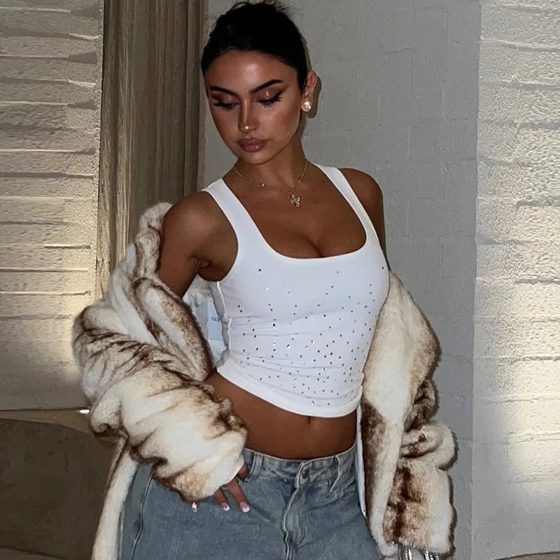 Woman Beading Rhinestones Tank Tops White Black Summer Sleeveless Corset T-shirt 2026 Casual Square Collar Crop Top Streetwear
