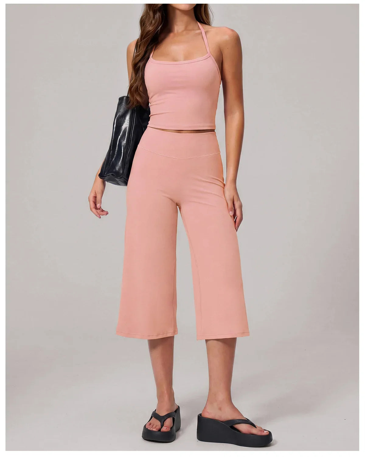 Hanging Neck Camisole Yoga Sets Women Nude Hollow Back Cross Slim Sports Tank Top High Waist Wide Leg Capri Pants Fitness Suits
