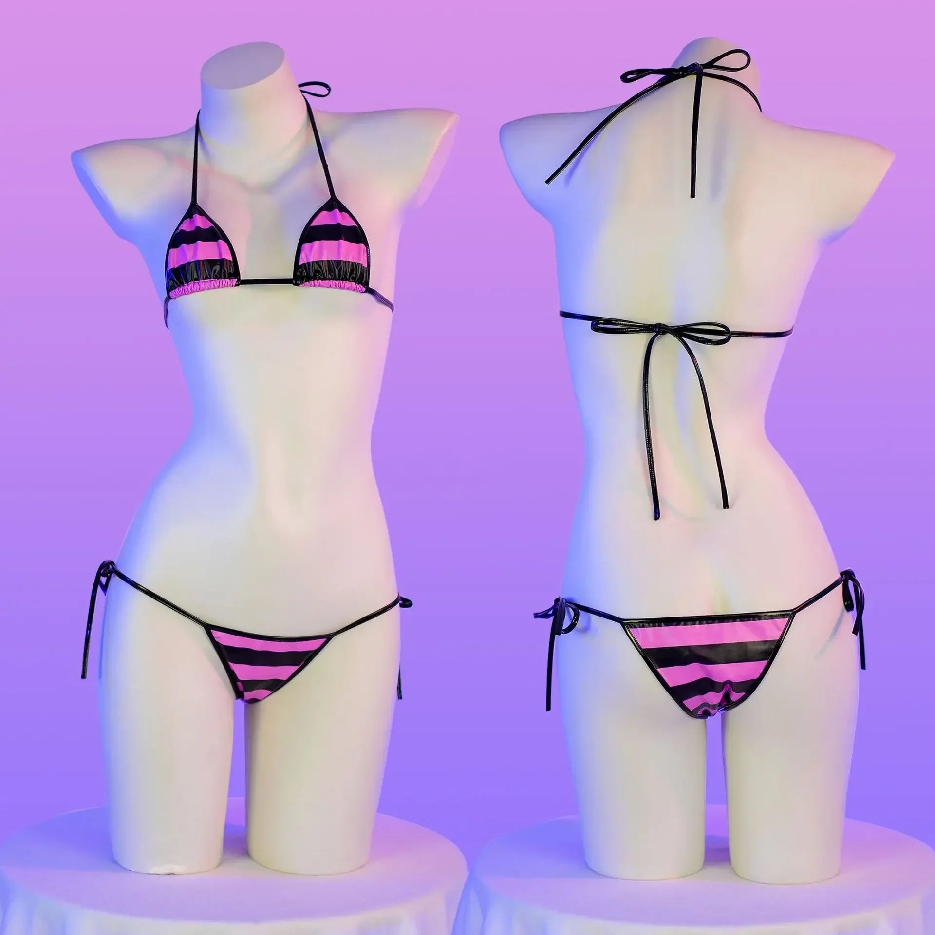 Summer PU Leather Micro Bra Bikini Set Swimsuit Stripes Bright Anime Swimwear Women Erotic Underwear Sexy Lingerie Costume