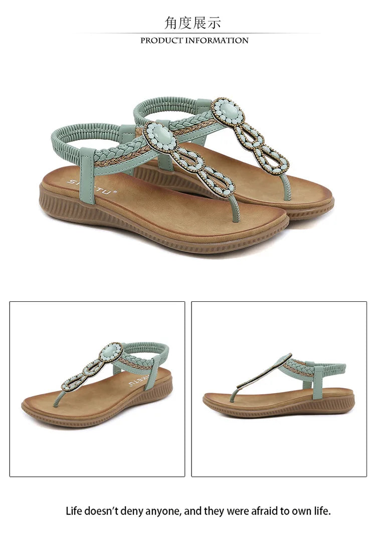 2026 New Shoes for Women Bohemia Crystal Sandals Women Shoes Rhinestone Lady Flip Flops Pearl Slip on Flat Beach Shoes